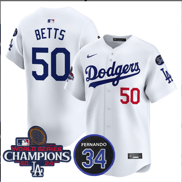 Men MLB Los Angeles Dodgers  #50 Betts white 2024 World Series Champions Patch Limited Jersey